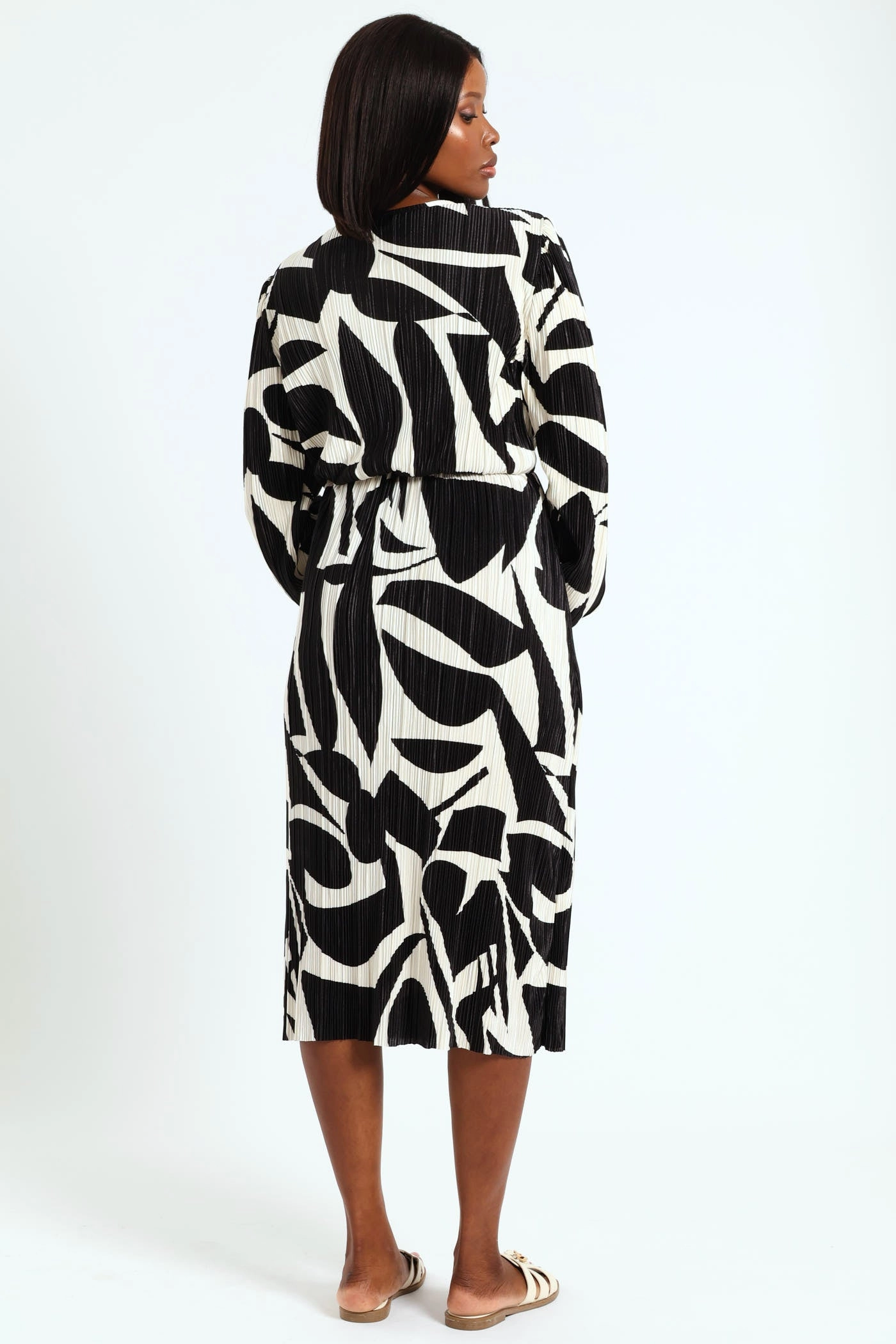 Mock Wrap Plisse Midi Dress - Black/Cream Pop Texture