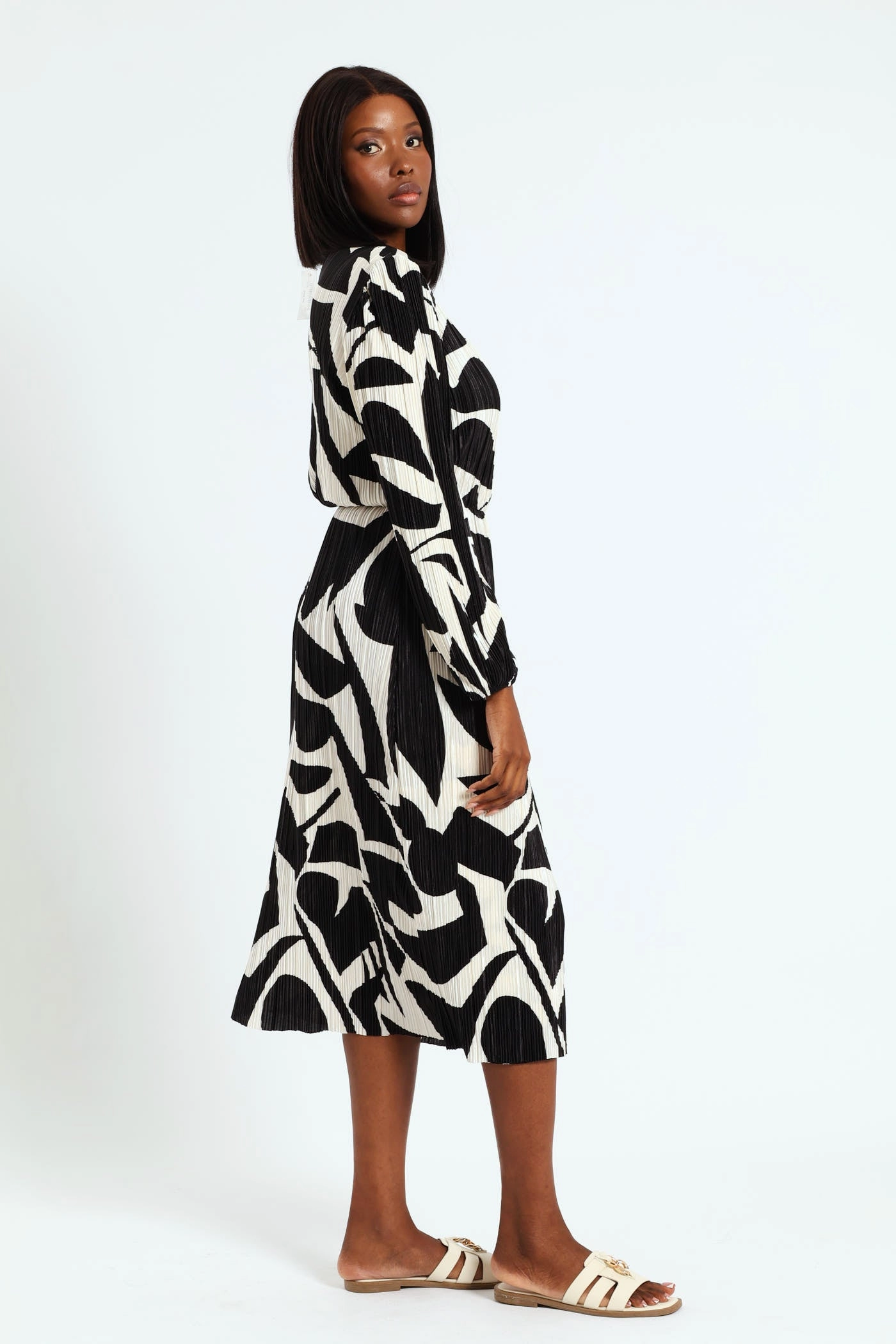 Mock Wrap Plisse Midi Dress - Black/Cream Comfortable and Soft Tassel-Detail