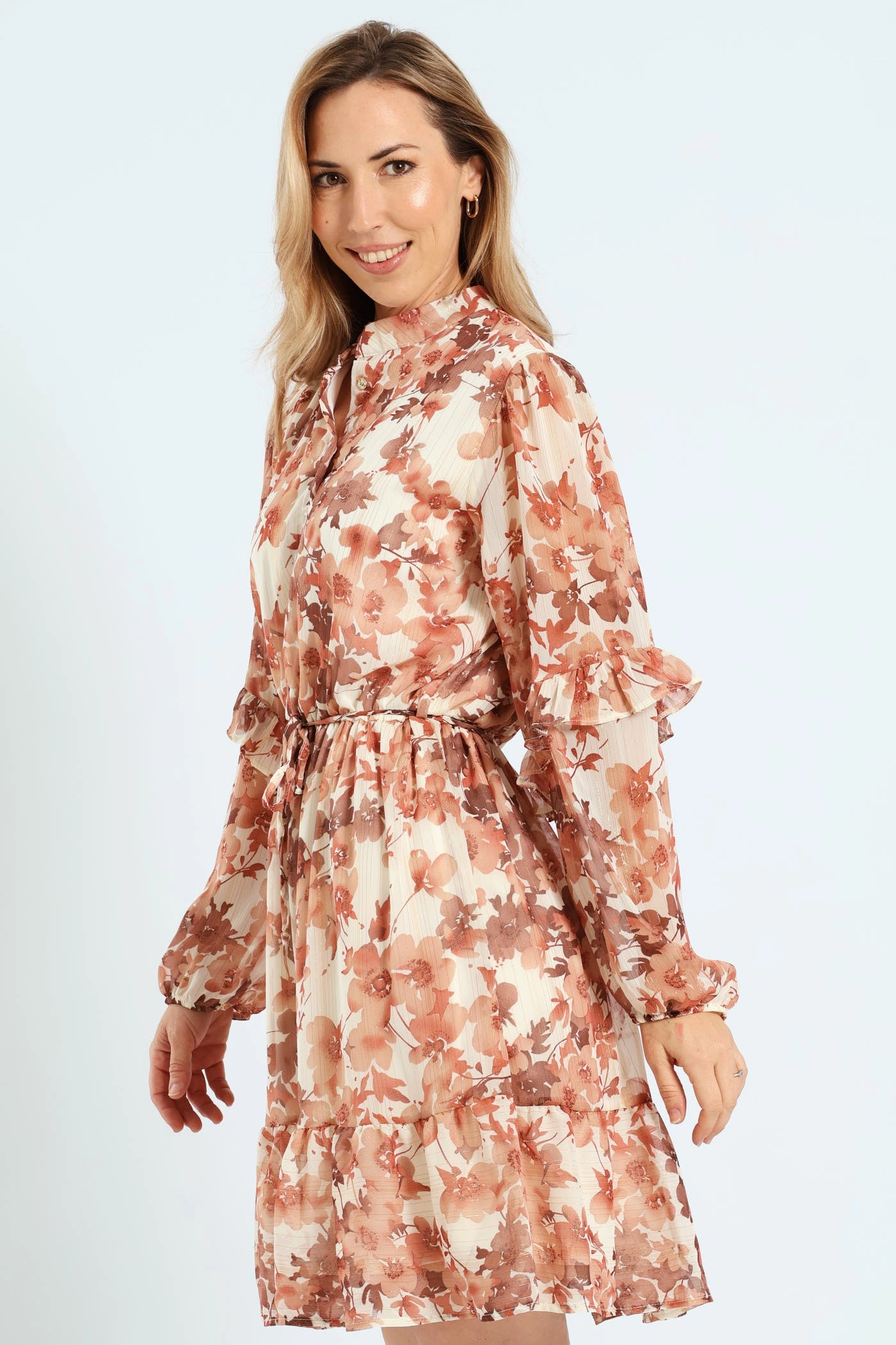 Mandarin Collar Tiered Frill Tea Dress - Cream Cap-Sleeve