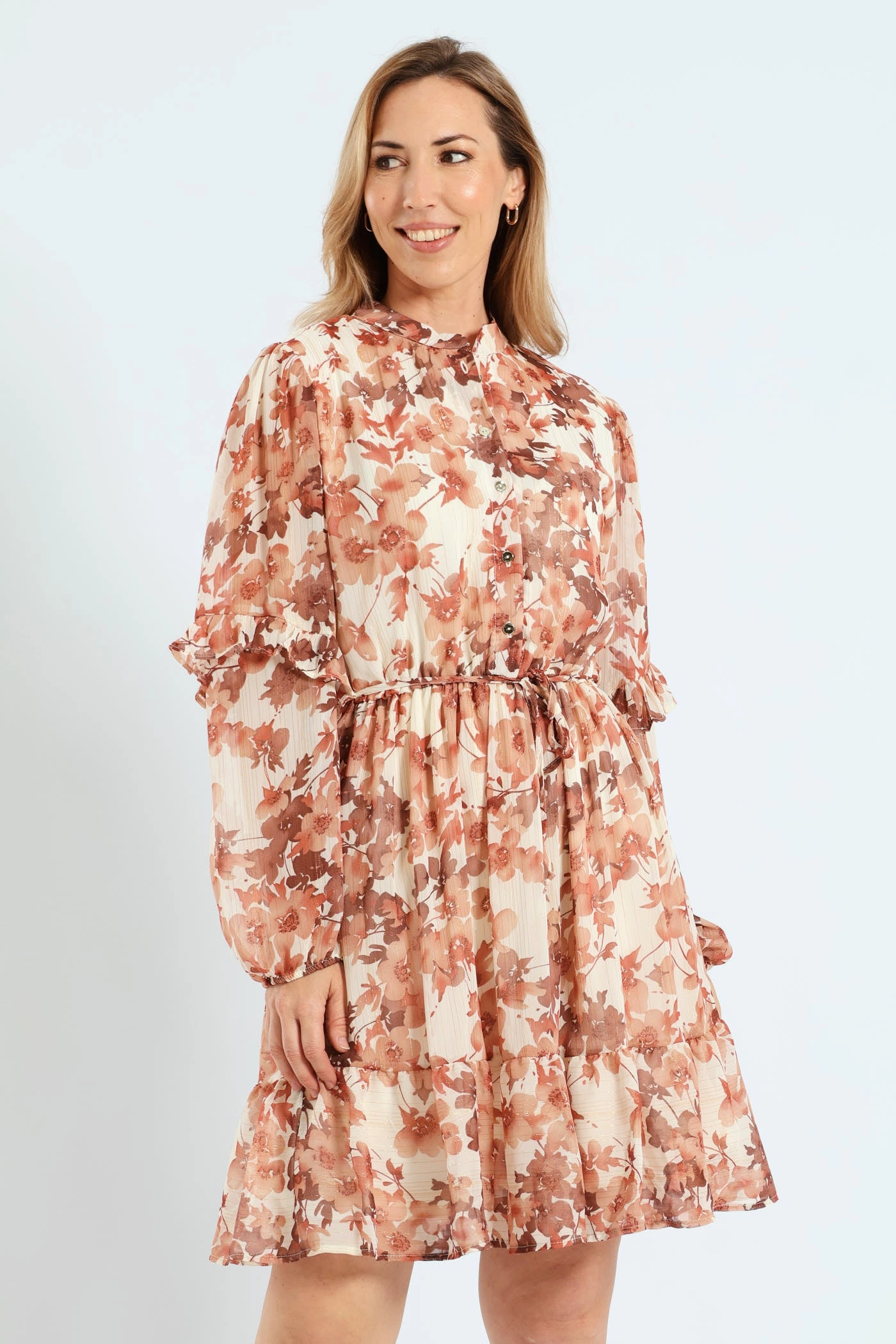 Mandarin Collar Tiered Frill Tea Dress - Cream Relax Piece