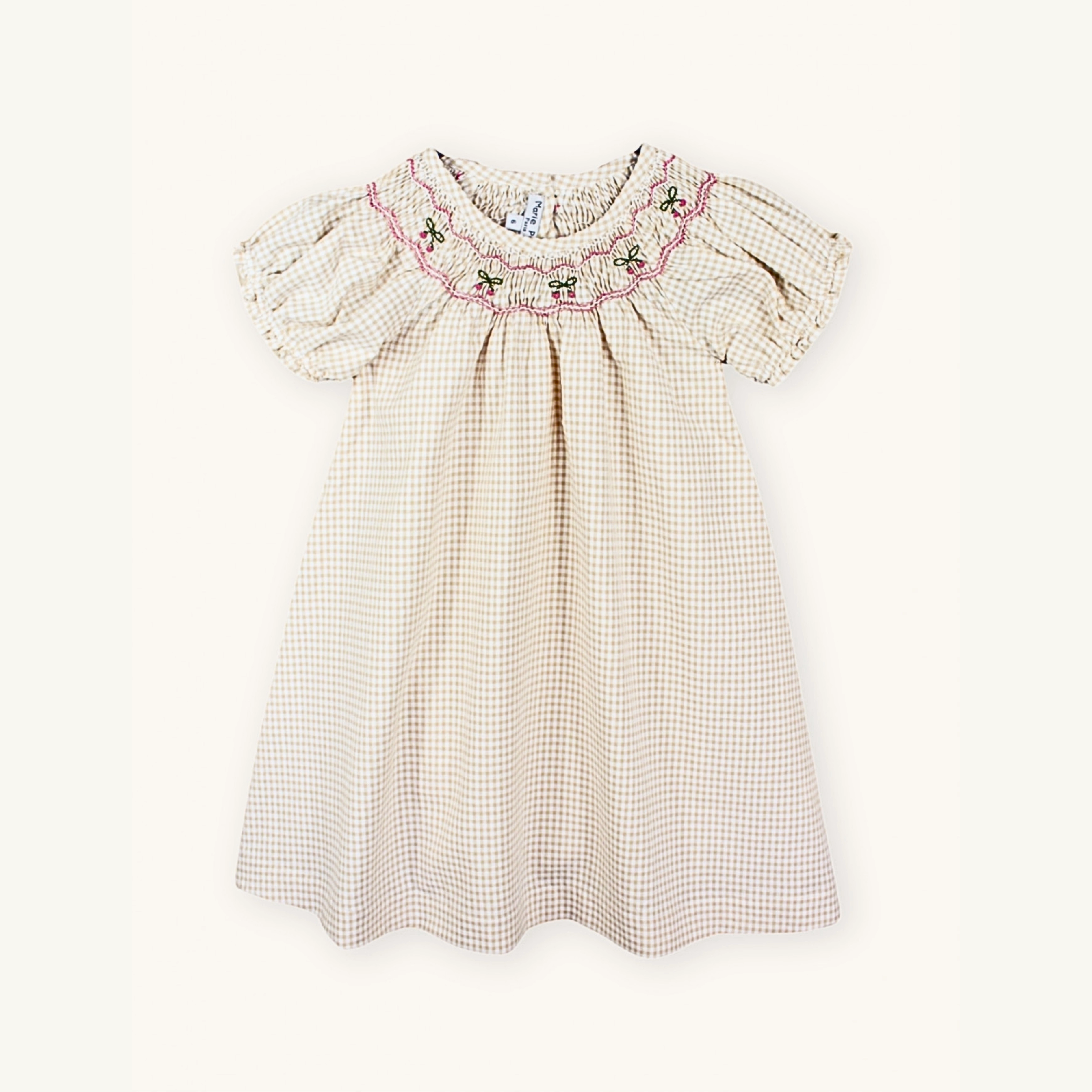 Statement-Buttons Marie Puce Cherry Smocked Dress, Vichy Beige