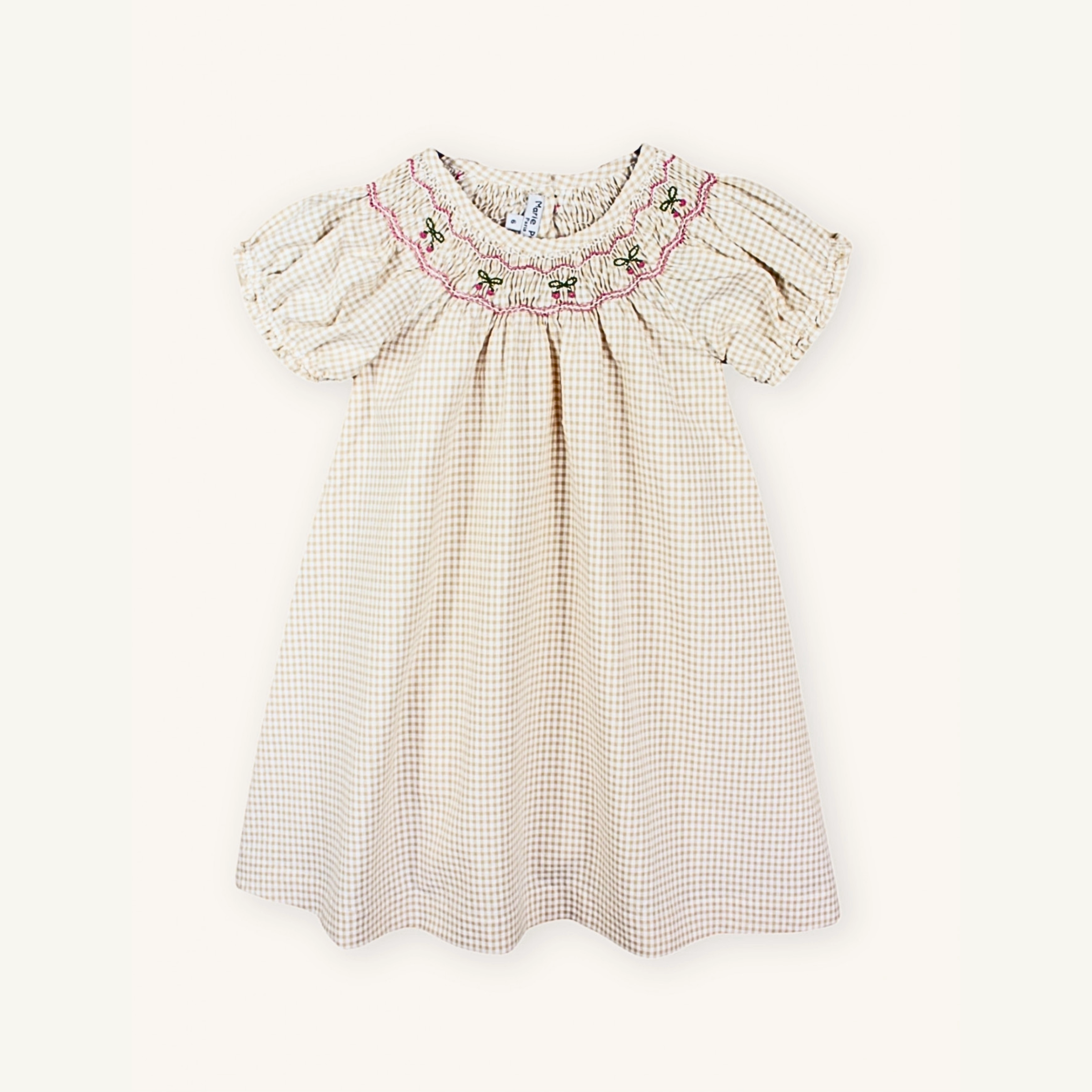 Marie Puce Cherry Smocked Dress, Vichy Beige Noble Aura Natural Style