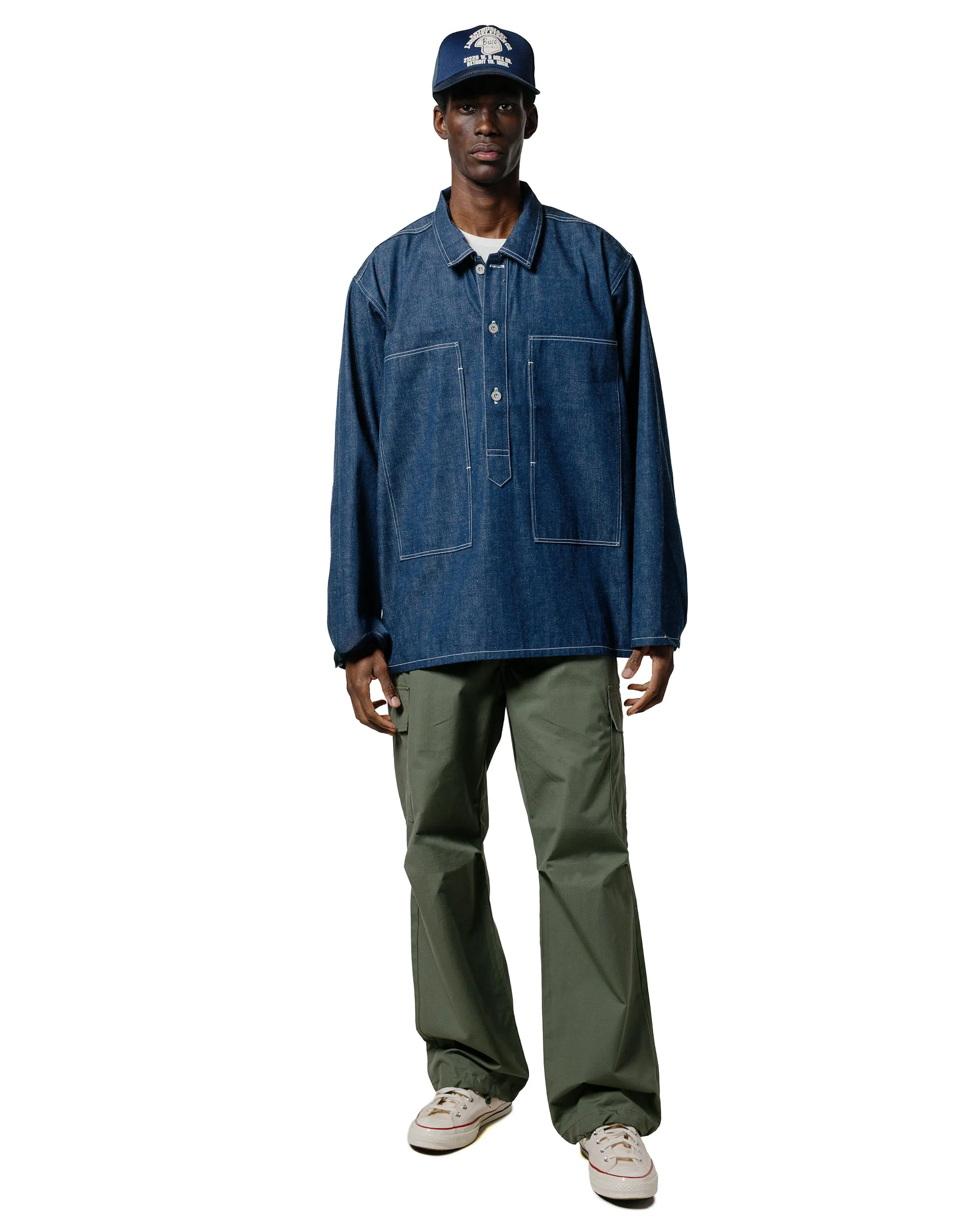 The Real McCoy's MJ25005 Jumper, Working, Denim, Blue Indigo Bold Pattern