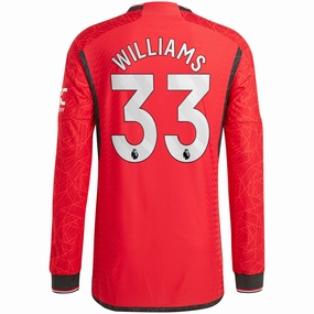 adidas Manchester United Authentic Brandon Williams Long Sleeve Home Jersey w/ EPL   No Room For Racism Patches 23/24 (Team College Red) Fade Resistant Finish Soft Touch Material