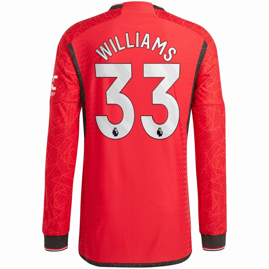 adidas Manchester United Authentic Brandon Williams Long Sleeve Home Jersey w/ EPL   No Room For Racism Patches 23/24 (Team College Red) Lightweight Knit Biodegradable Synthetic Fibers