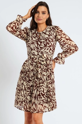 Pleat-Front Monomchrome Pleated Keyhole Tea Dress - Bitter Chocolate