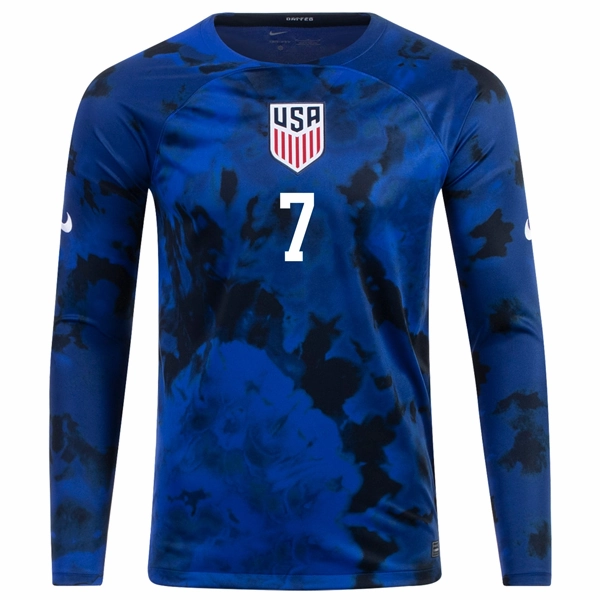 Low Impact Dye Process Quick Drying Performance Material Nike United States Gio Reyna Long Sleeve Away Jersey 22/23 (Bright Blue/White)