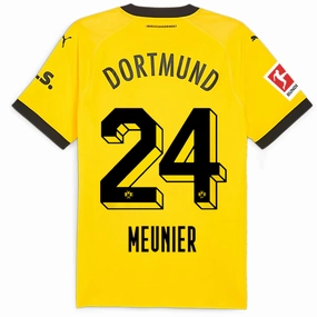 Puma Borussia Dortmund Authentic Meunier Home Jersey w/ Bundesliga Patch 23/24 (Cyber Yellow/Puma Black) Slim Fit Contour Design Multi Panel Construction