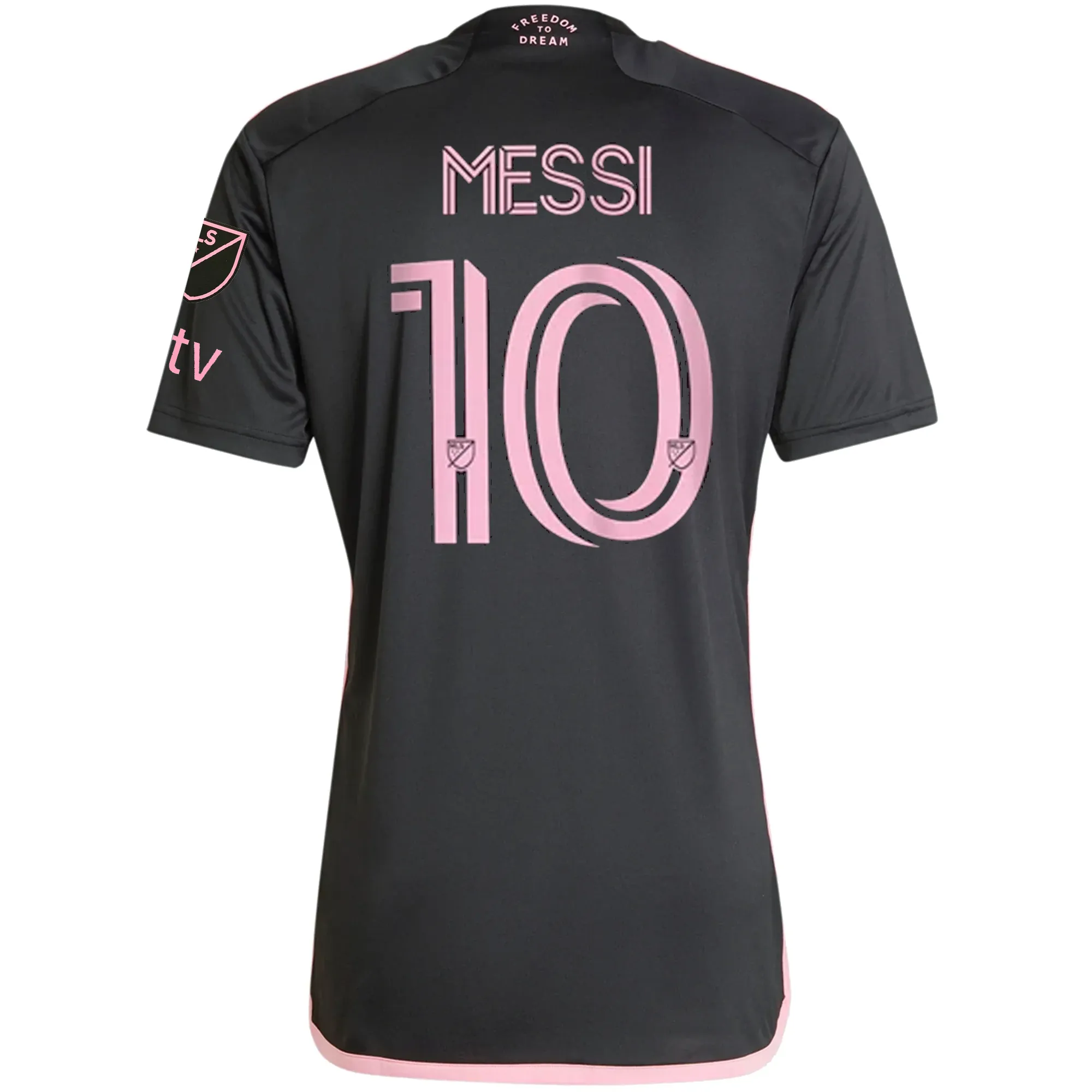adidas Inter Miami Lionel Messi Royal Caribbean Away Jersey w/ MLS   Apple TV Patches 23/24 (Black/Bliss Pink) On The Go