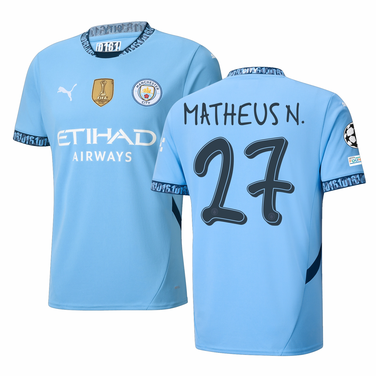 Eco Friendly Textile Outdoor Performance Puma Manchester City Matheus Nunes Home Jersey w/ Champions League   Club World Cup Patch 24/25 (Team Light Blue/Marine Blue)