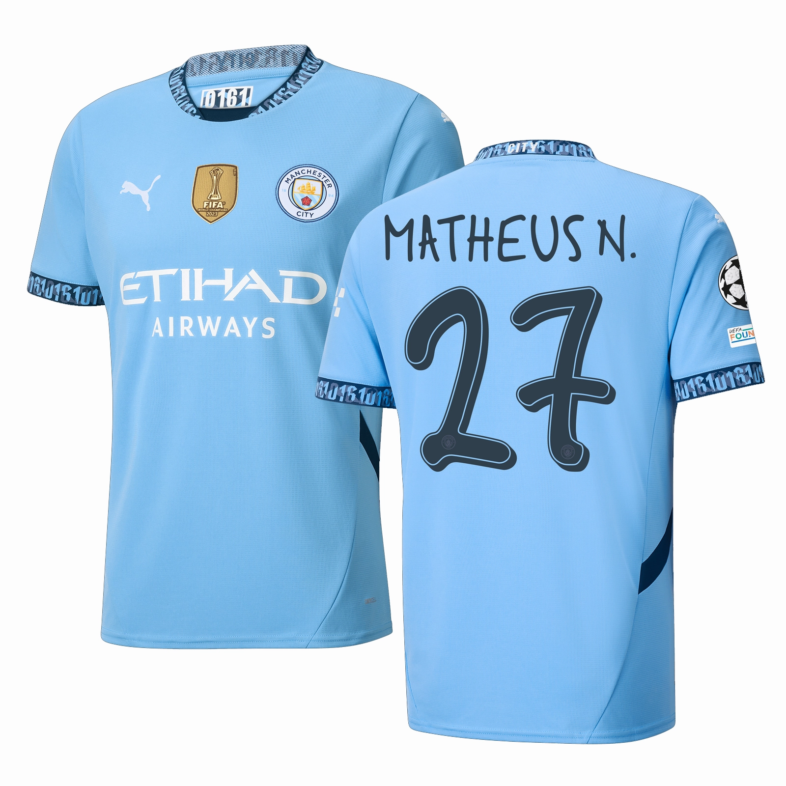Puma Manchester City Matheus Nunes Home Jersey w/ Champions League   Club World Cup Patch 24/25 (Team Light Blue/Marine Blue) Cozy Comfort
