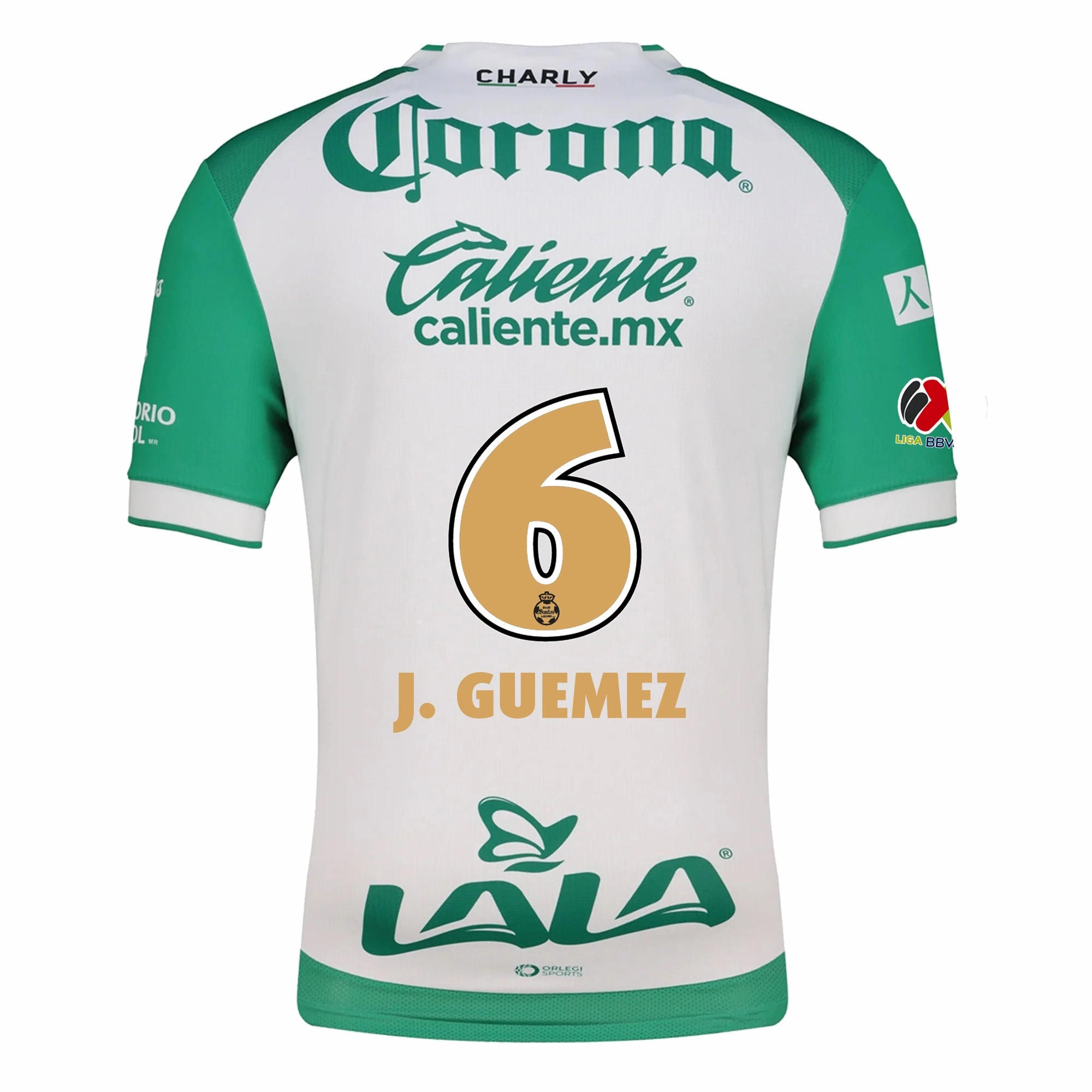 Charly Javier Guemez Men's Santos Laguna Home Jersey 25/26 w/ BBVA MX Patches (Green/White) Street Style