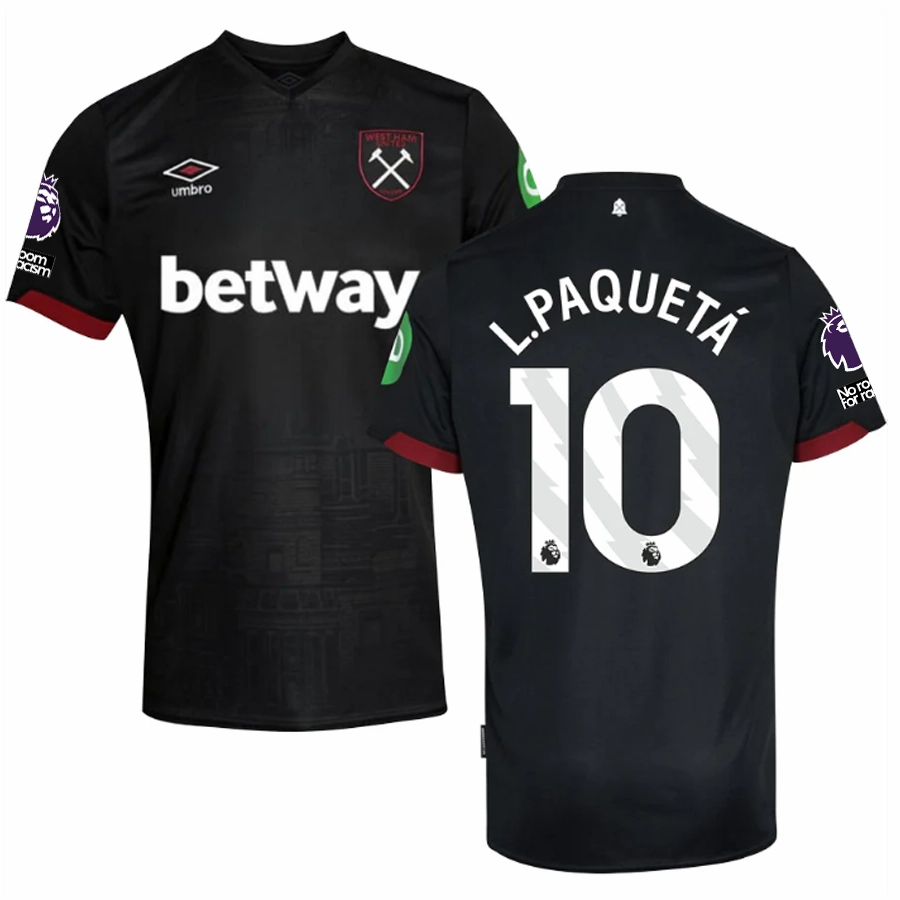 Double Layered Edging Umbro West Ham Lucas Paquet?? Away Jersey w/ EPL   No Room For Racism Patches 24/25 (Black)