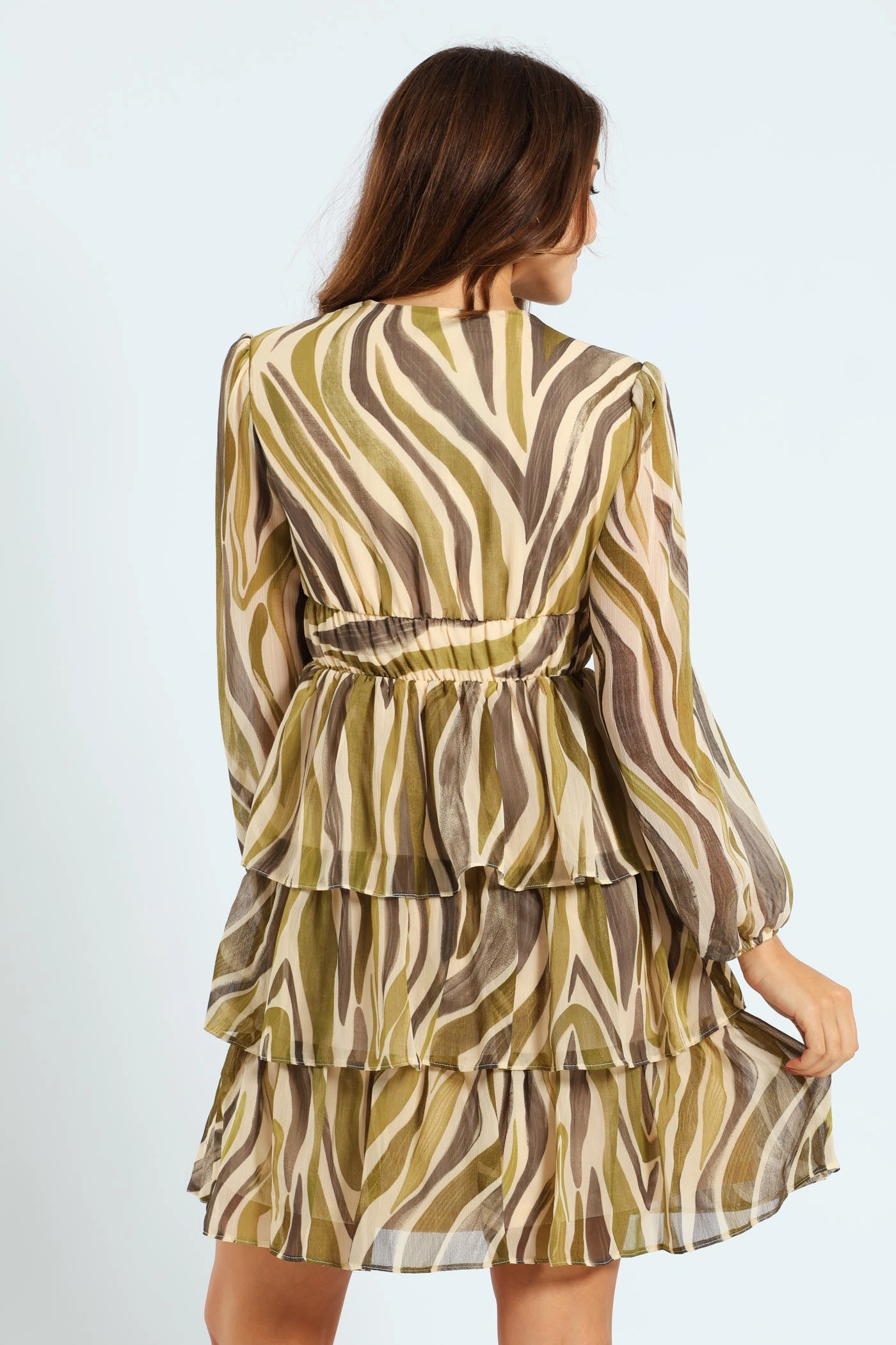 V-Neck Elasticated Waist Tiered Tea Dress - Green Magic Day Versatile Layer Wear