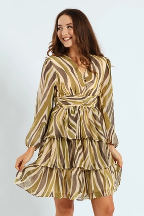 V-Neck Elasticated Waist Tiered Tea Dress - Green Romance Glow Chilly Day Wear