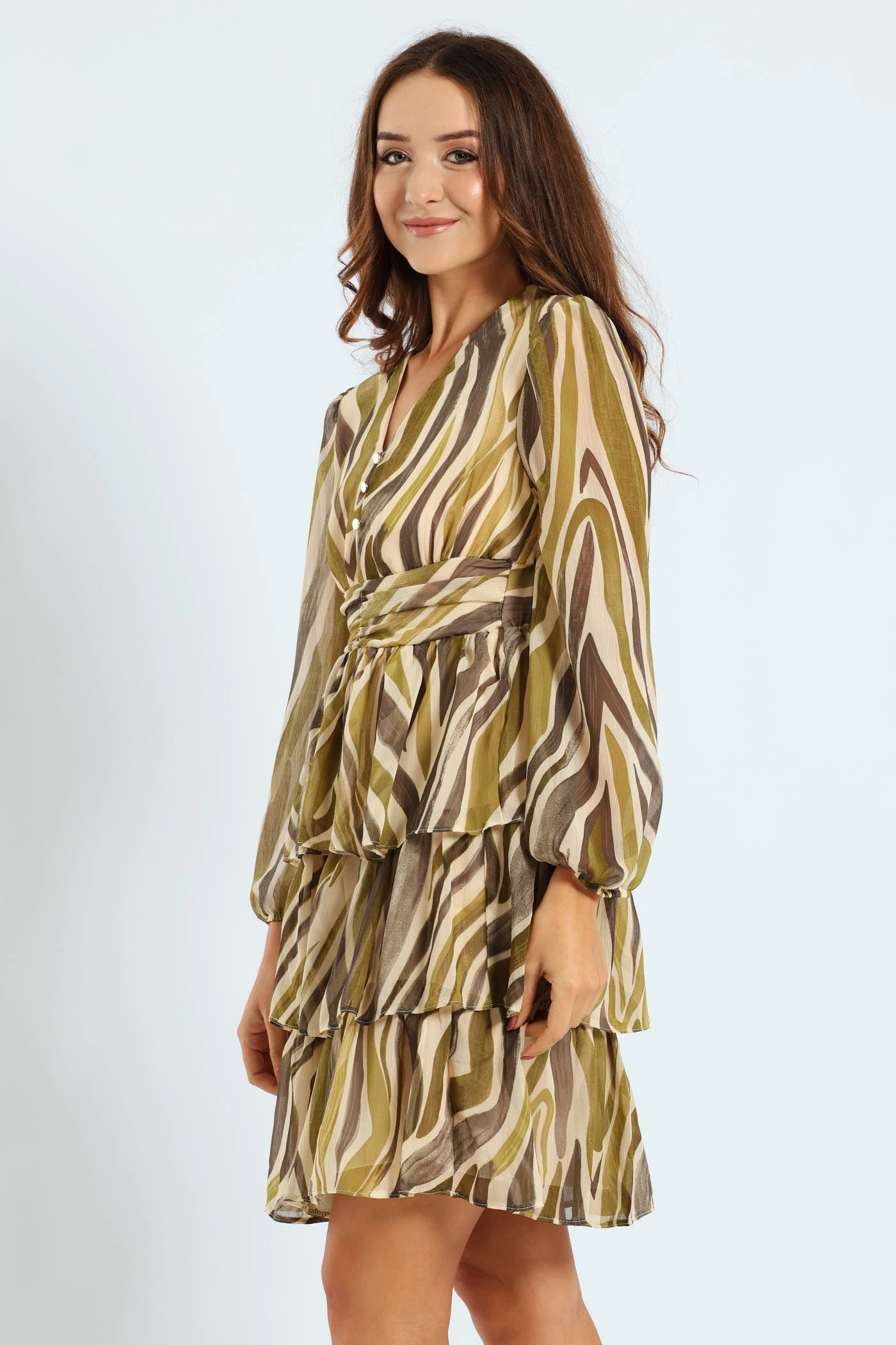 Soft and Smooth Flare Hem V-Neck Elasticated Waist Tiered Tea Dress - Green