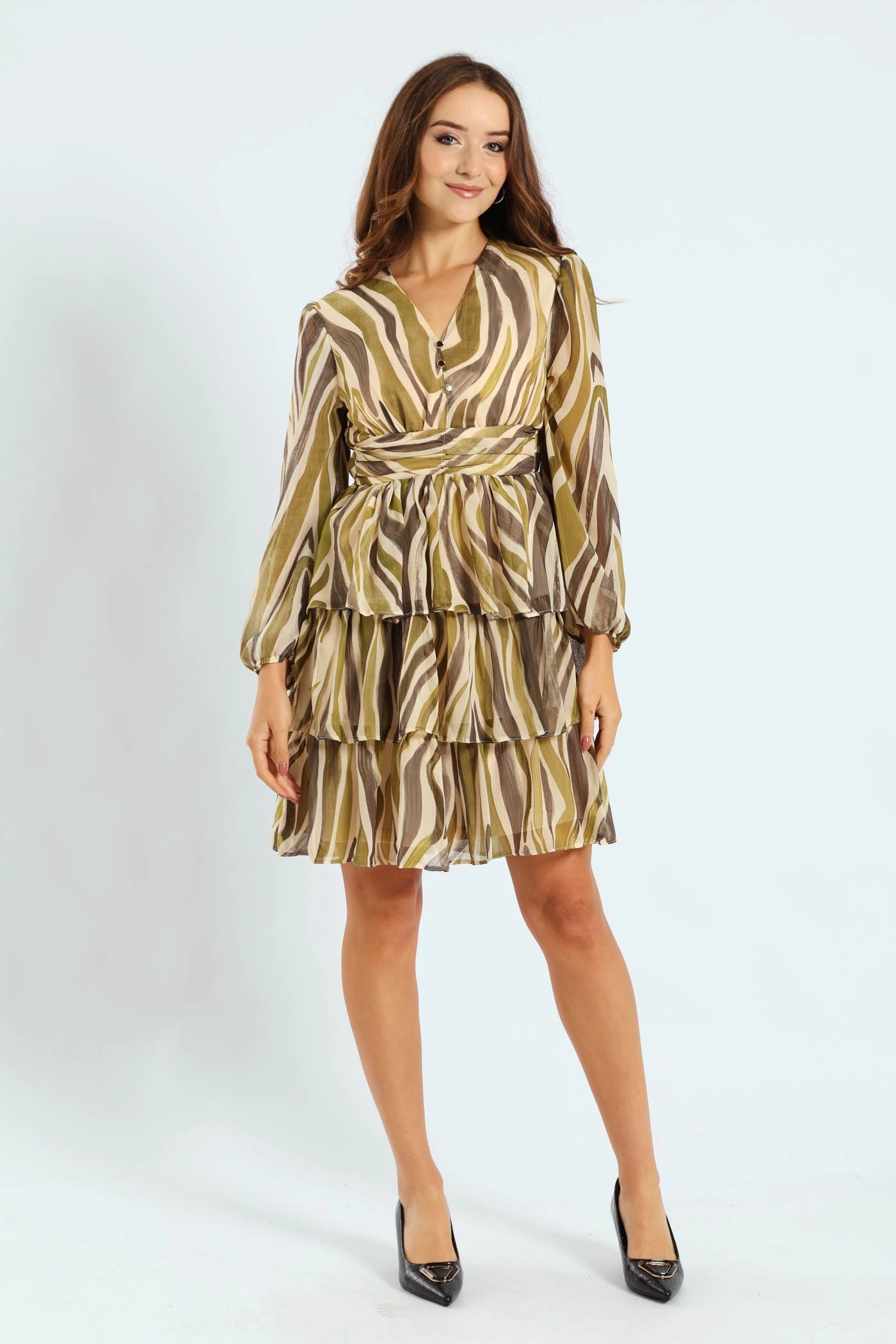 V-Neck Elasticated Waist Tiered Tea Dress - Green Flowy summer gown Light Shape