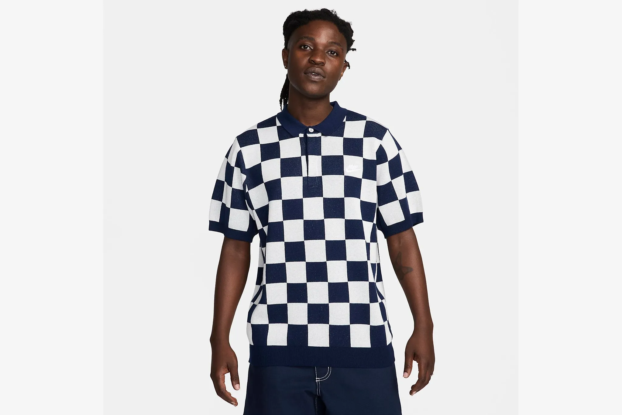 Nike "Sportswear Checkers Club Polo" M - Midnight Navy/Sail LightweightTextile FormFitting Cut