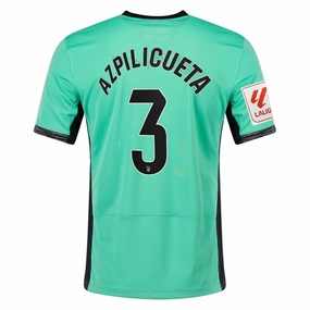 Comfort Collar Design Durable Double Needle Hem Nike Atletico Madrid C??sar Azpilicueta Third Jersey w/ La Liga Patch 23/24 (Spring Green/Black)