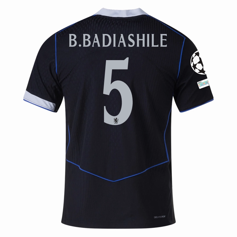 Four Way Stretch Fabric Nike B. Badiashile Chelsea T90 Authentic Third Jersey w/ Champions League & World Champions Patch 25/26 (Black/Silver)
