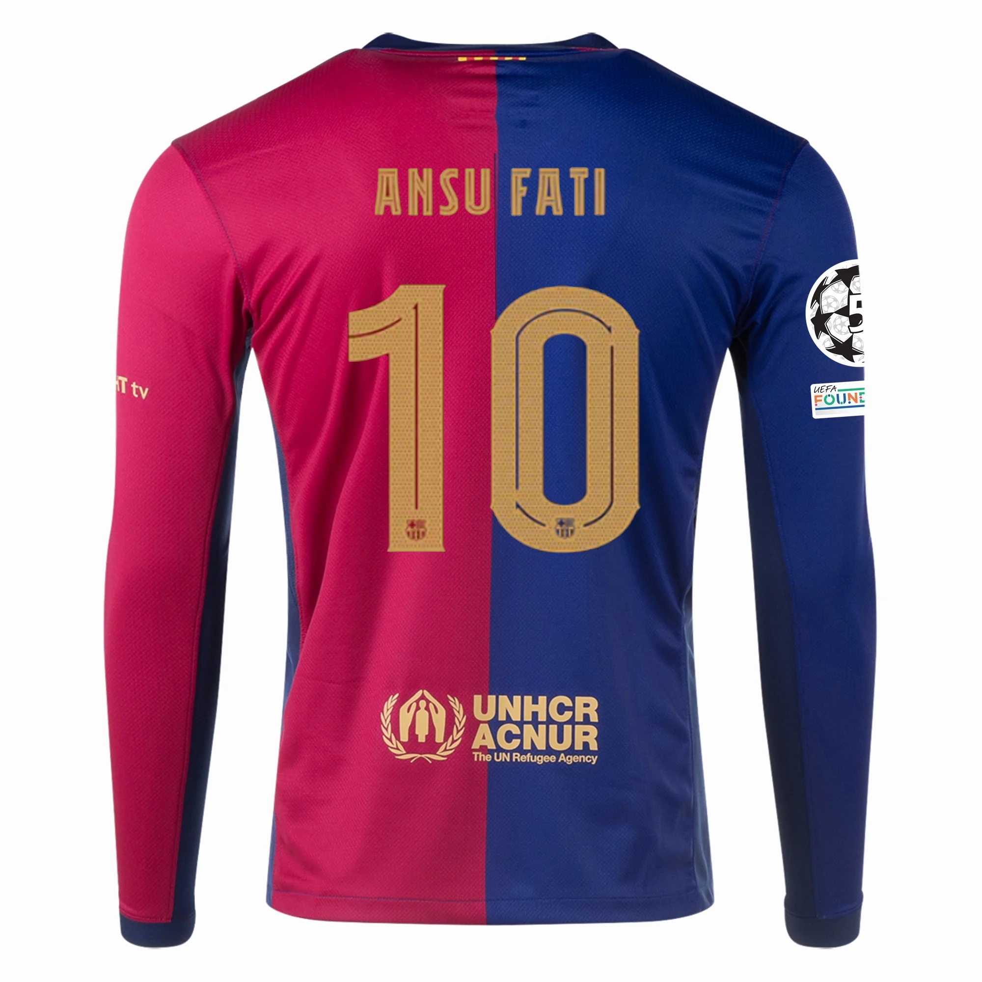 Dynamic Fit Construction Nike Barcelona Ansu Fati Home Long Sleeve Jersey w/ Champions League Patches 24/25 (Royal/Nobel Red/Club Gold)