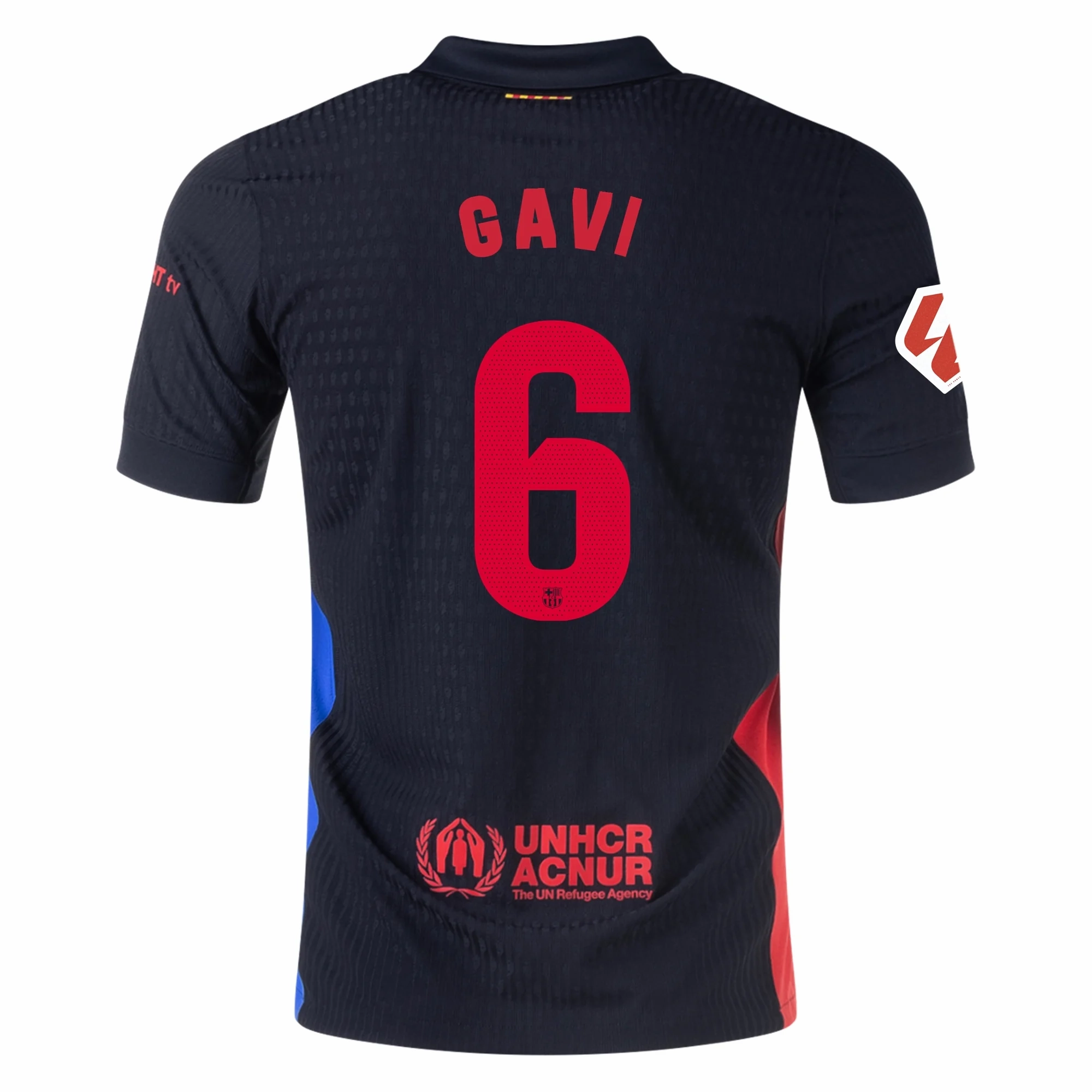 Effortless Comfort Non Slip Hem Nike Barcelona Authentic Gavi Away Jersey w/ La Liga Patch 24/25 (Black/University Red/Hyper Royal)