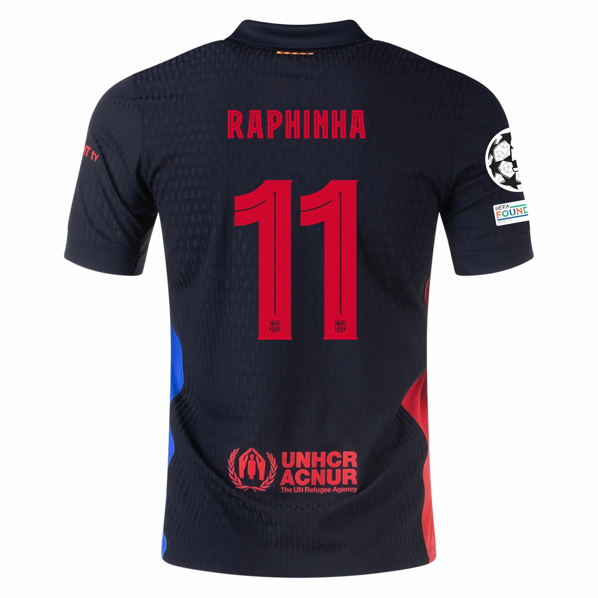 Chill Days Street Edge Nike Barcelona Authentic Raphinha Away Jersey w/ Champions League Patches 24/25 (Black/University Red/Hyper Royal)