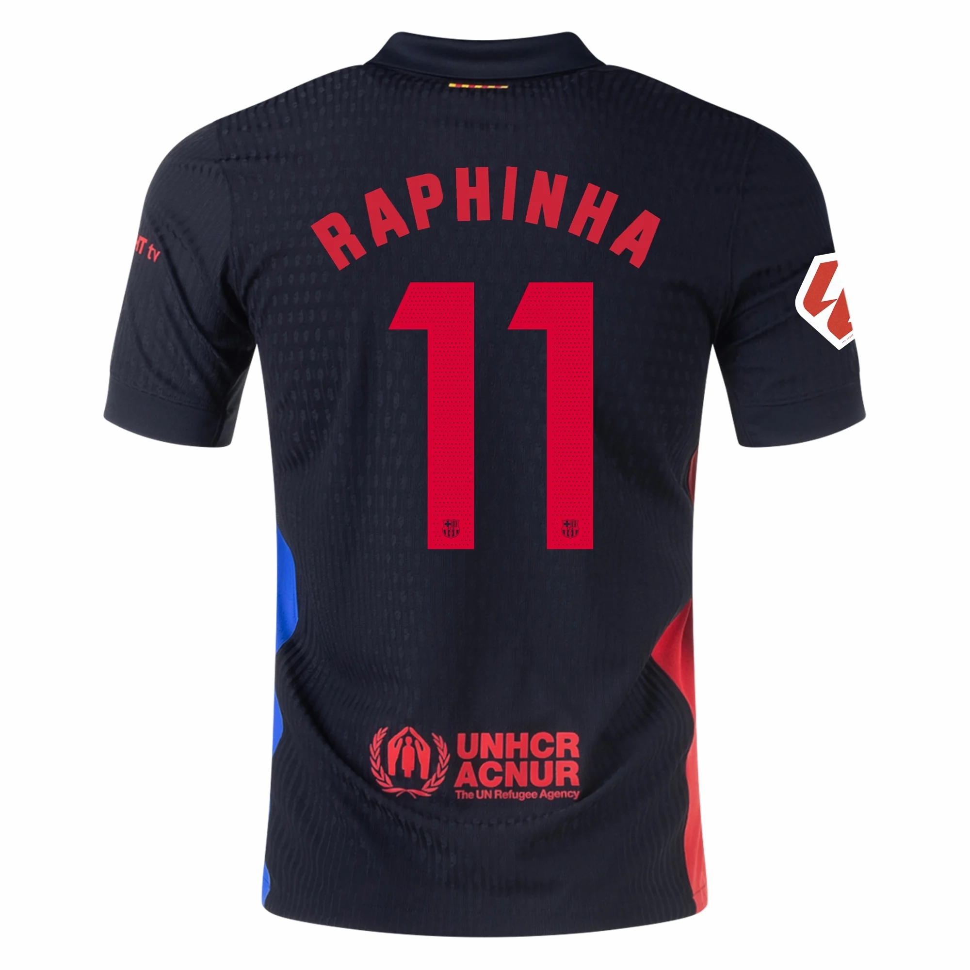 Nike Barcelona Authentic Raphinha Away Jersey w/ La Liga Patch 24/25 (Black/University Red/Hyper Royal) Drop Shoulder