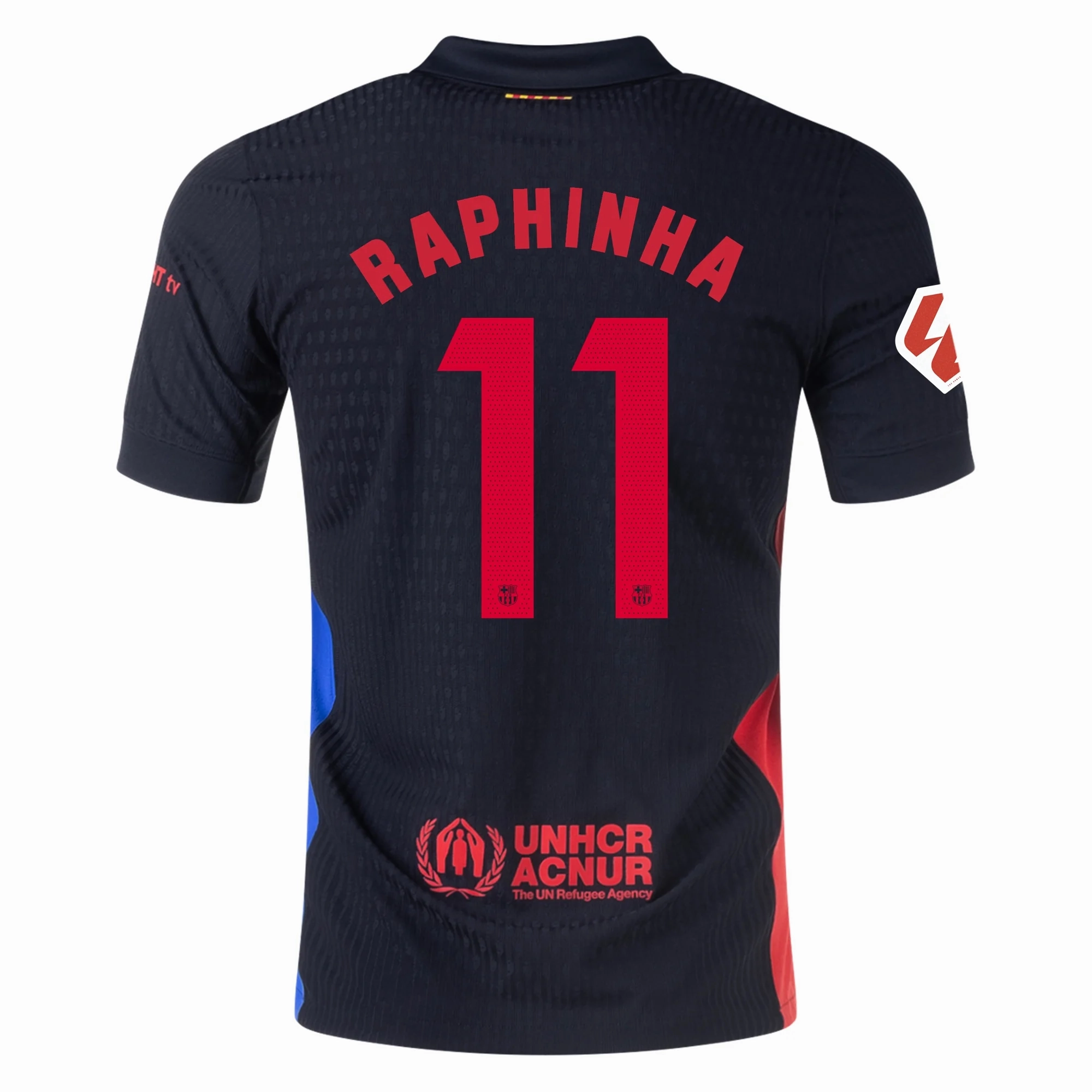 Sleek lines Nike Barcelona Authentic Raphinha Away Jersey w/ La Liga Patch 24/25 (Black/University Red/Hyper Royal)
