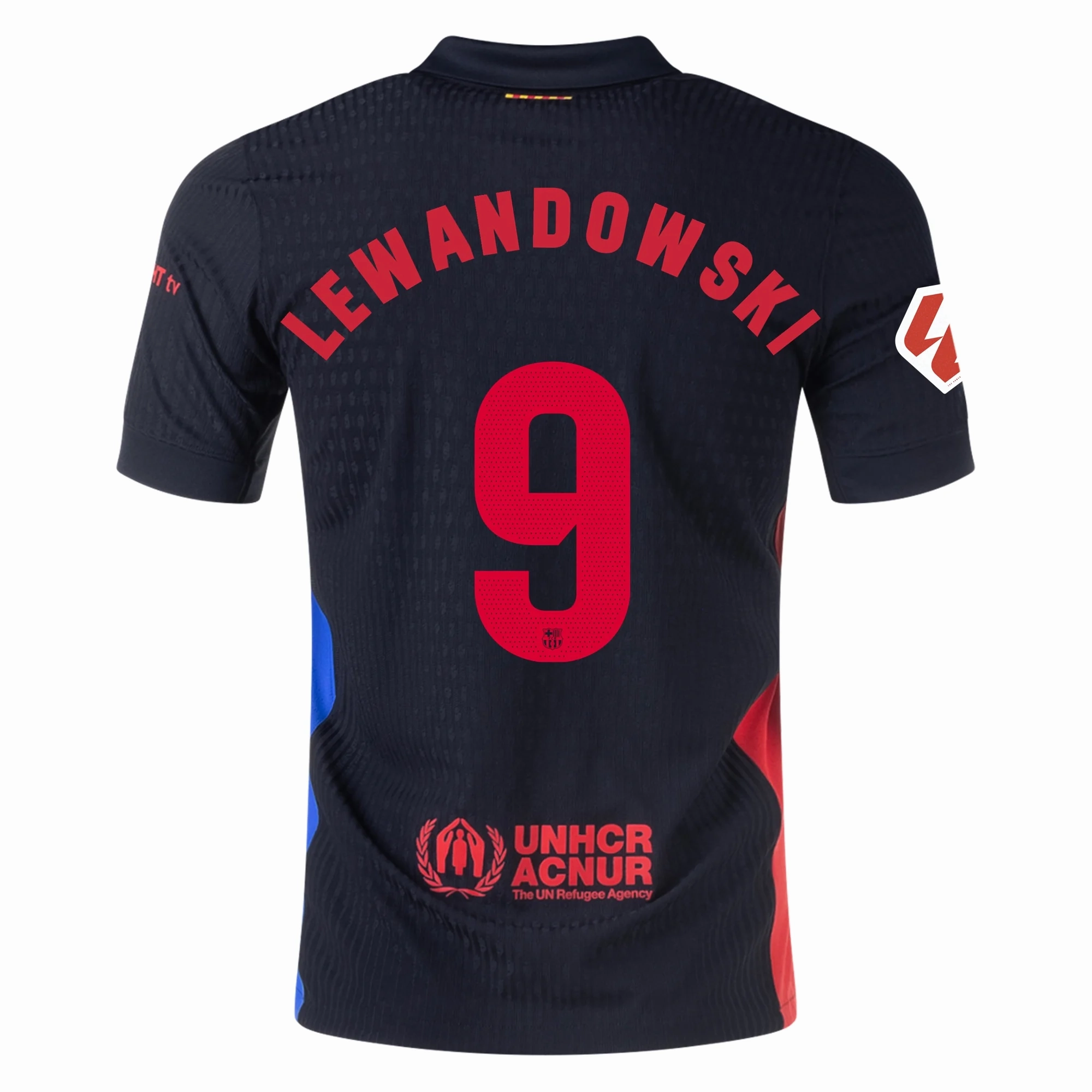 High Stretch Elastic Cuffs Nike Barcelona Authentic Robert Lewandowski Away Jersey w/ La Liga Patch 24/25 (Black/University Red/Hyper Royal)