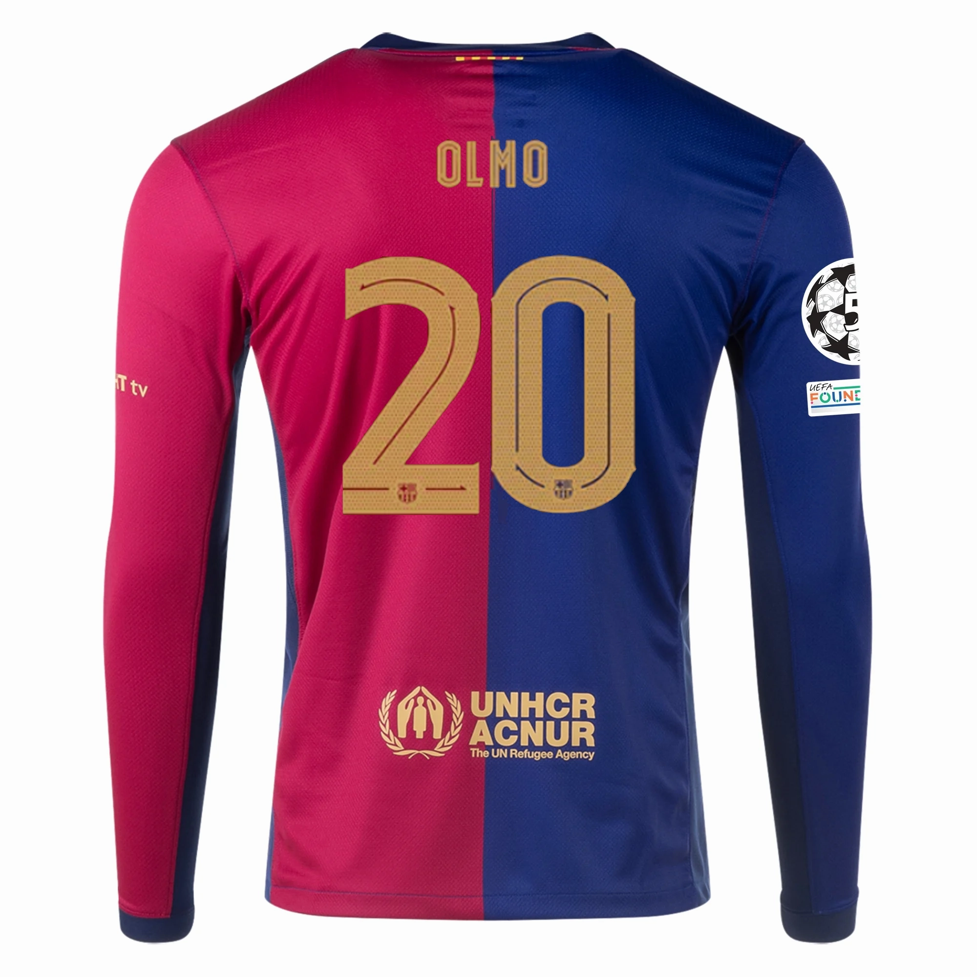 Non Chafing Seam Finish Temperature Regulating Lining Nike Barcelona Dani Olmo Home Long Sleeve Jersey w/ Champions League Patches 24/25 (Royal/Nobel Red/Club Gold)