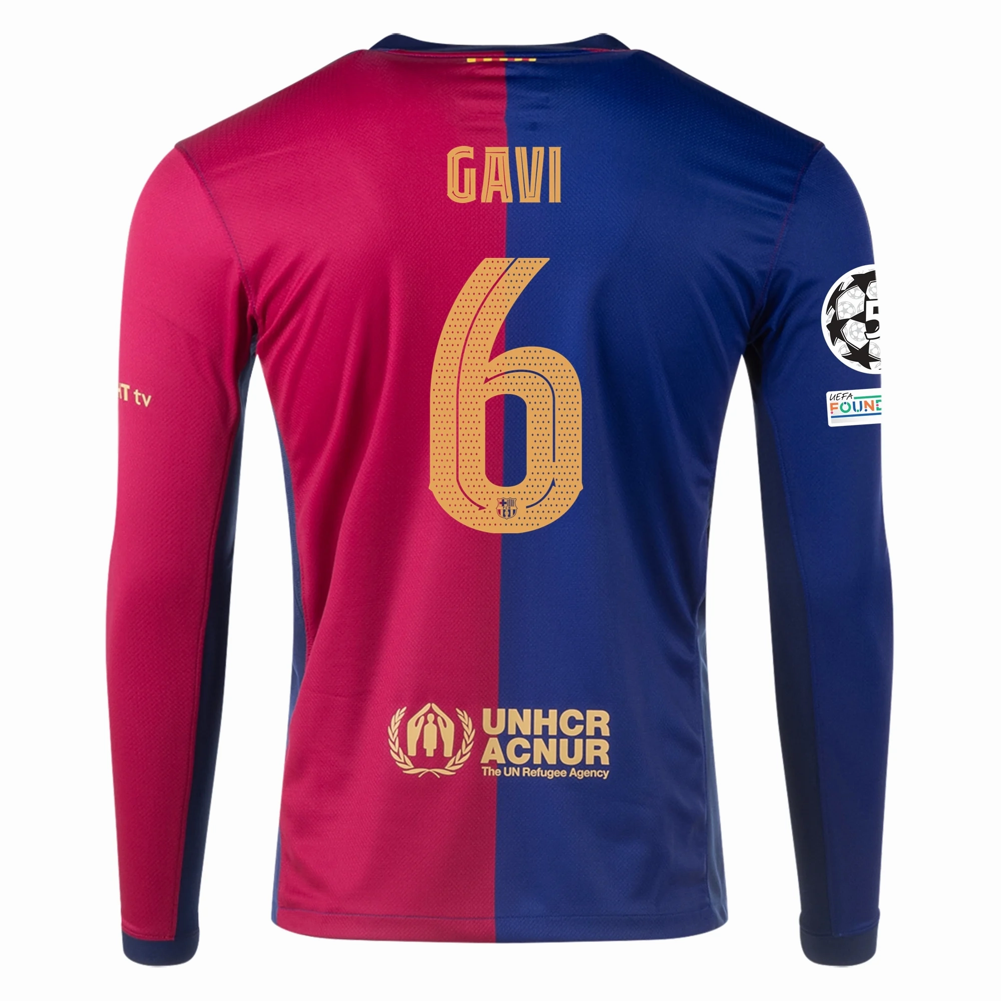 Sun Protection Fabric Nike Barcelona Home Gavi Long Sleeve Jersey w/ Champions League Patches 24/25 (Royal/Nobel Red/Club Gold)