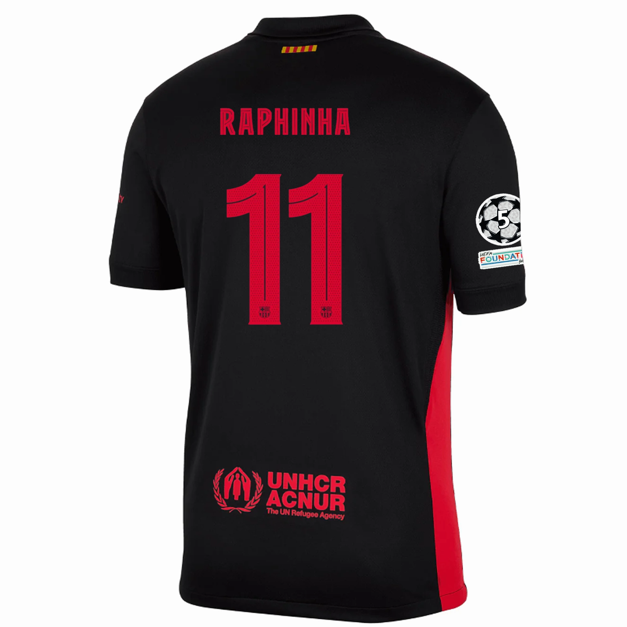 Nike Barcelona Raphinha Away Jersey w/ Champions League Patches 24/25 (Black/University Red/Hyper Royal) Flexible Design All Season