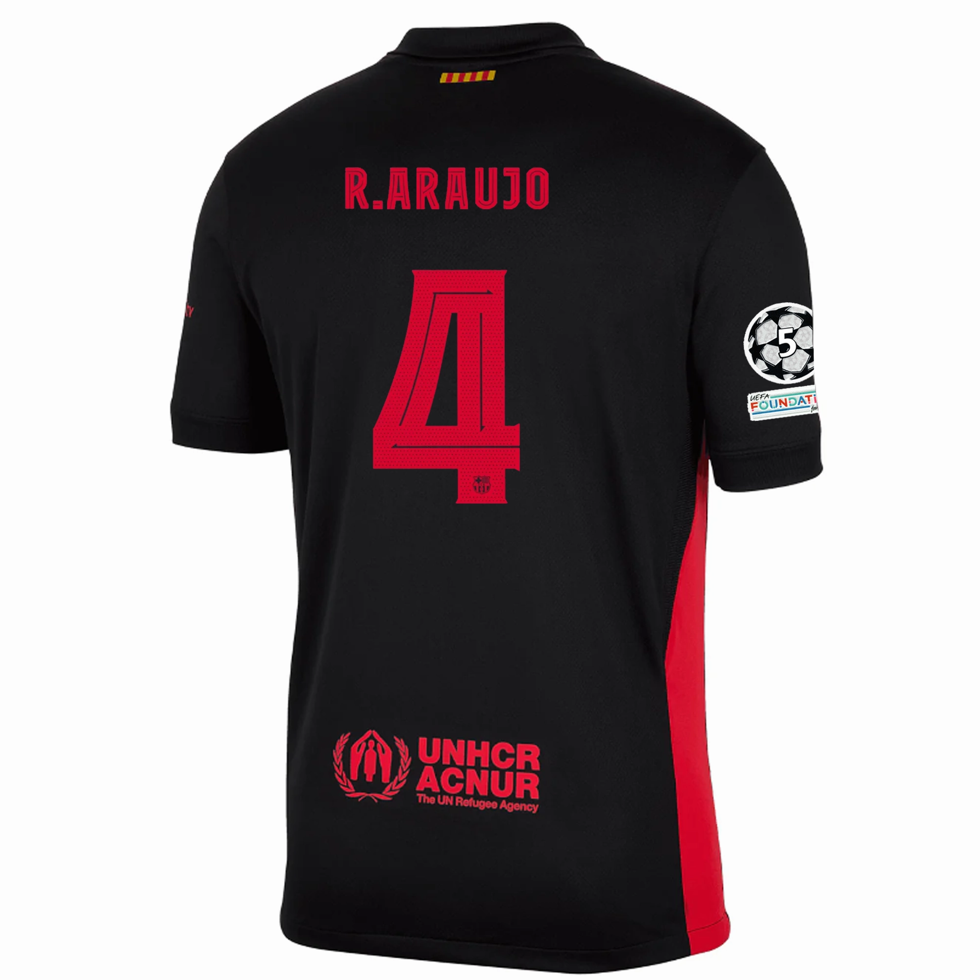 Motion Friendly Compact Knit Texture Nike Barcelona Ronald Araujo Away Jersey w/ Champions League Patches 24/25 (Black/University Red/Hyper Royal)