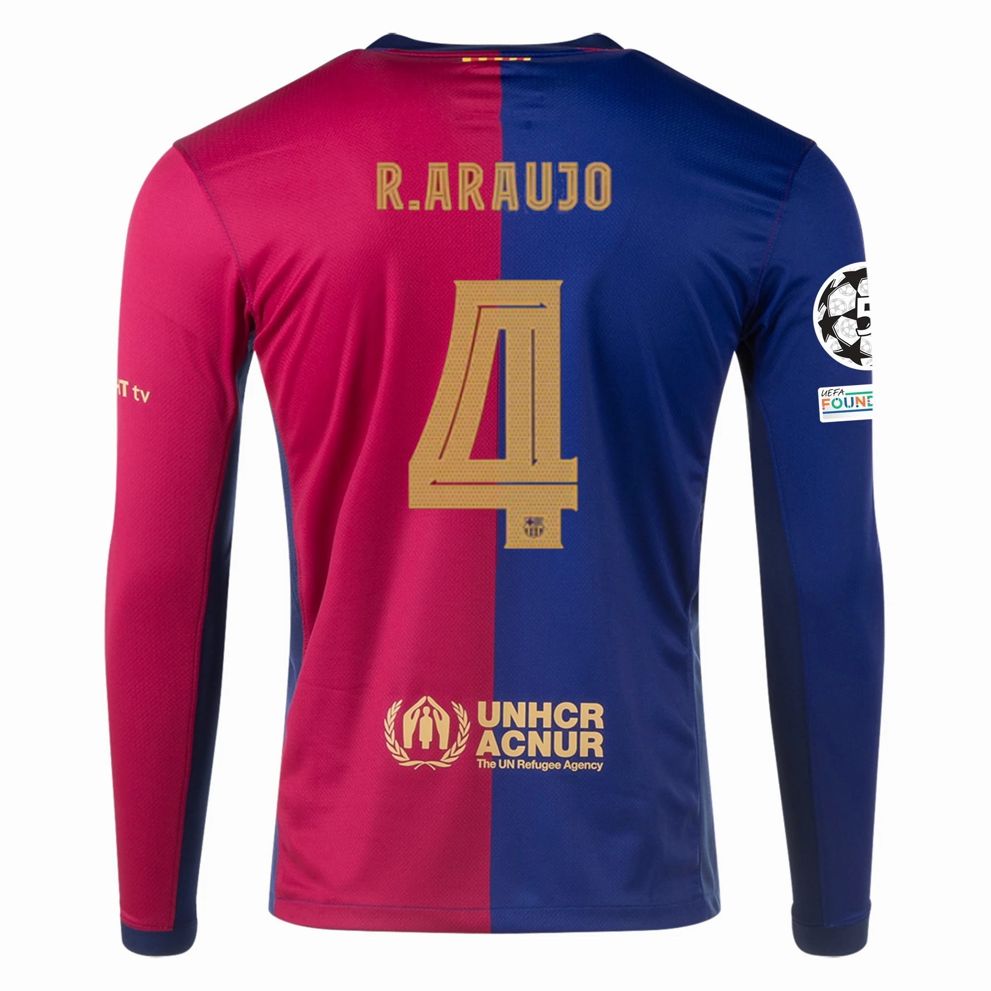 Reflective Accent Strips Quick Dry Technology Nike Barcelona Ronald Araujo Home Long Sleeve Jersey w/ Champions League Patches 24/25 (Royal/Nobel Red/Club Gold)