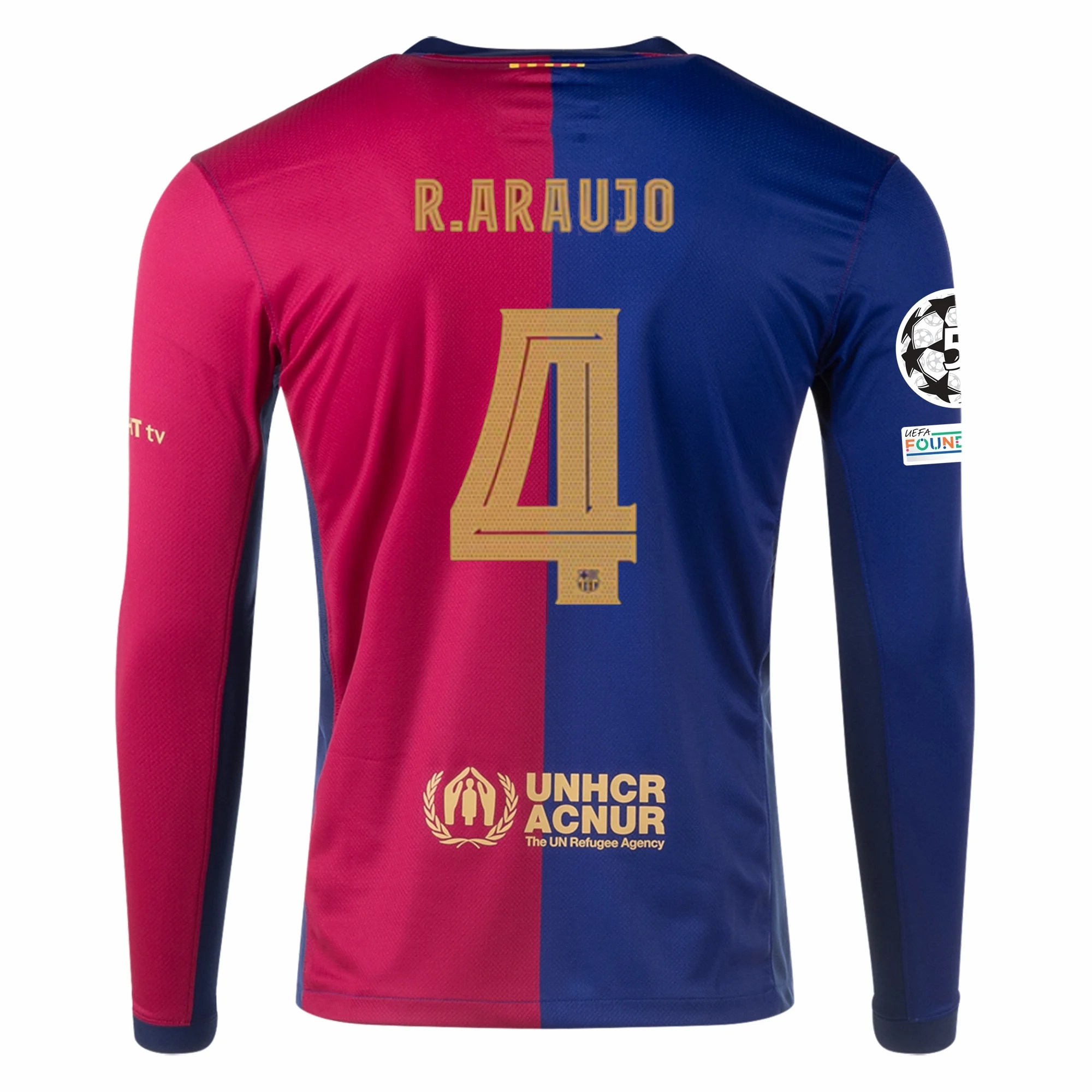 Nike Barcelona Ronald Araujo Home Long Sleeve Jersey w/ Champions League Patches 24/25 (Royal/Nobel Red/Club Gold) Modern Athletic Cut Clean Finish