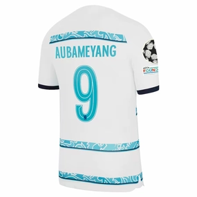 Ultra Fine Zippers Abrasion Defensive Layer Nike Chelsea Aubameyang Away Jersey w/ Champions League   Club World Cup Patches 22/23 (White/College Navy)