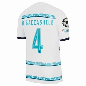 Ergonomic Articulated Sleeve Eco Friendly Fibers Nike Chelsea Beno?t Badiashile Away Jersey w/ Champions League   Club World Cup Patches 22/23 (White/College Navy)