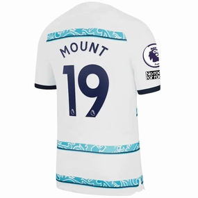 Nike Chelsea Mason Mount Away Jersey w/ EPL   Club World Cup Patches 22/23 (White/College Navy) Ultra Soft Feel Cool Weather