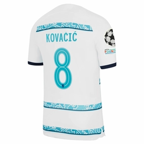Flexible Knit Construction Nike Chelsea Mateo Kovacic Away Jersey w/ Champions League   Club World Cup Patches 22/23 (White/College Navy)