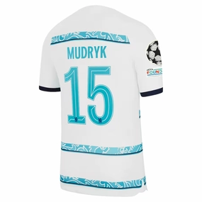 Nike Chelsea Mudryk Away Jersey w/ Champions League   Club World Cup Patches 22/23 (White/College Navy) Casual Fit Double Stitched Hemming