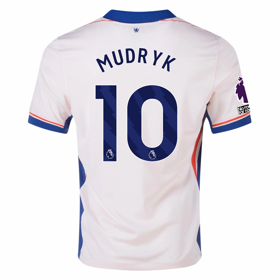 Breathable Material Nike Chelsea Mykhailo Mudryk Away Jersey w/ EPL   No Room For Racism Patches 24/25 (Guava Ice/Rush Blue)
