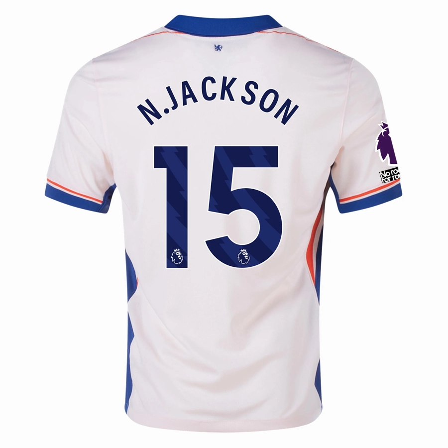 Street Edge Contrast Binding Nike Chelsea Nicolas Jackson Away Jersey w/ EPL   No Room For Racism Patches 24/25 (Guava Ice/Rush Blue)