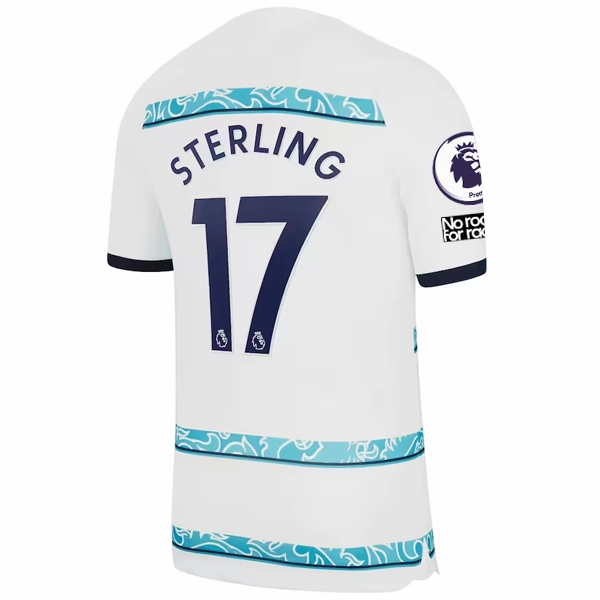 Adjustable Hem Stretch Material Nike Chelsea Raheem Sterling Away Jersey w/ EPL   Club World Cup Patches 22/23 (White/College Navy)