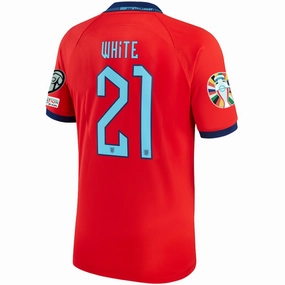 Double Stitched Edging Minimal Design Nike England Ben White Away Jersey 22/23 w/ Euro Qualifier Patches (Challenge Red/Blue Void)