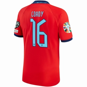 Quick Dry Material Compression Fit Technology Nike England Conor Coady Away Jersey 22/23 w/ Euro Qualifier Patches (Challenge Red/Blue Void)