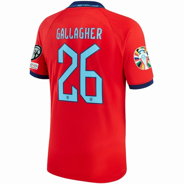 Wicking Channel Technology Nike England Conor Gallagher Away Jersey 22/23 w/ Euro Qualifier Patches (Challenge Red/Blue Void)