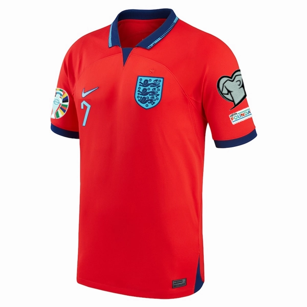 Bonded Hemline Nike England Jack Grealish Away Jersey 22/23 w/ Euro Qualifier Patches (Challenge Red/Blue Void)