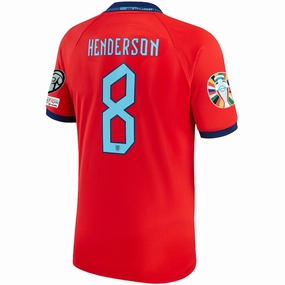 Easy Fit Nike England Jordan Henderson Away Jersey 22/23 w/ Euro Qualifier Patches (Challenge Red/Blue Void)