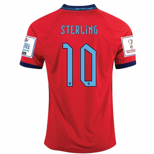 Court Style Flexible Drop Shoulder Cut Nike England Raheem Sterling Away Jersey 22/23 w/ World Cup 2022 Patches (Challenge Red/Blue Void)